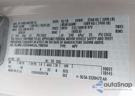 2019 Lincoln Mkc Reserve z USA, uszkodzony, nr VIN 5LMCJ3D94KUL18034